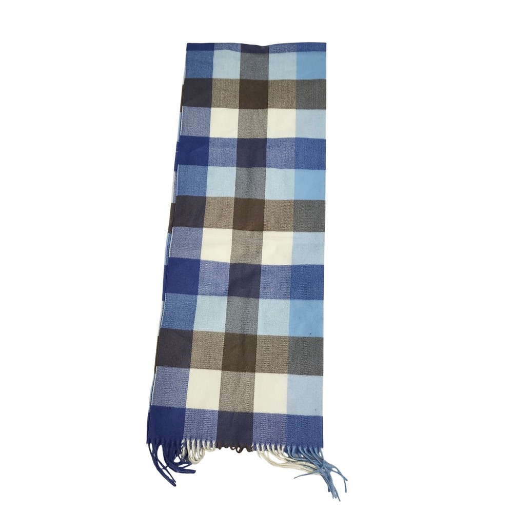 100% Cashmere Plaid Scarf Blue Brown Cream Hand Tailored Made in Germany Fringe